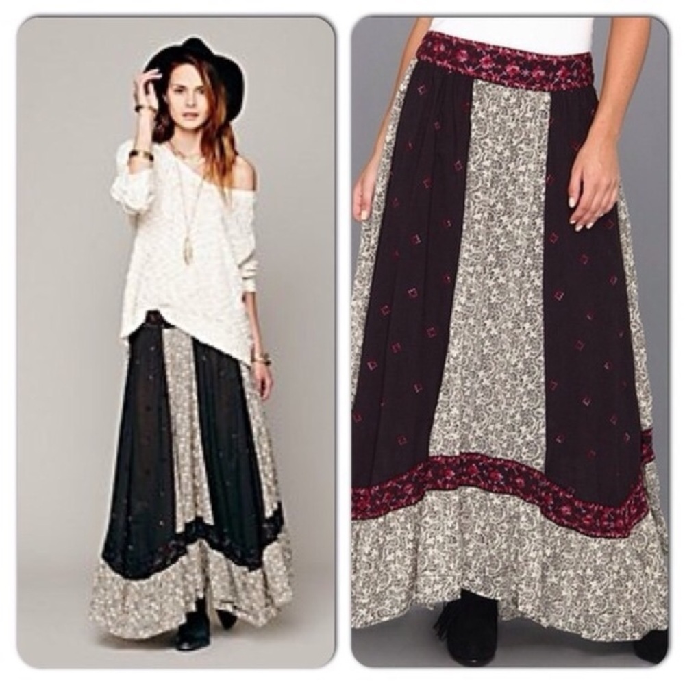 Free People Black and Cream Patchwork Maxi Skirt